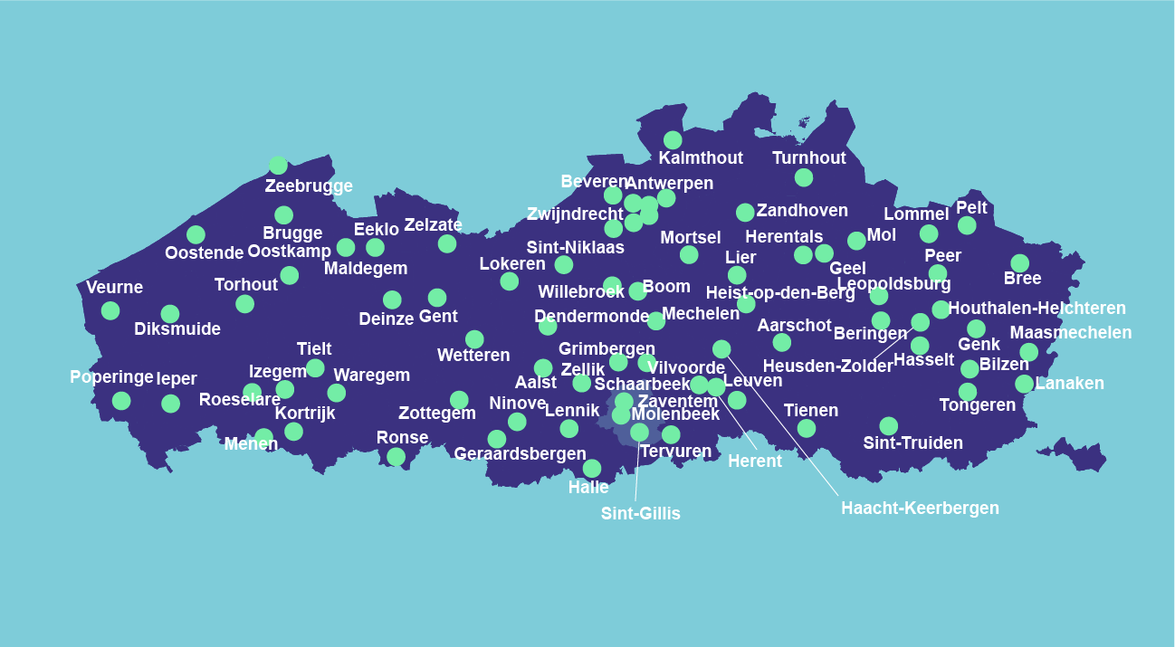 Overzicht van alle OverKop-huizen in Vlaanderen en Brussel