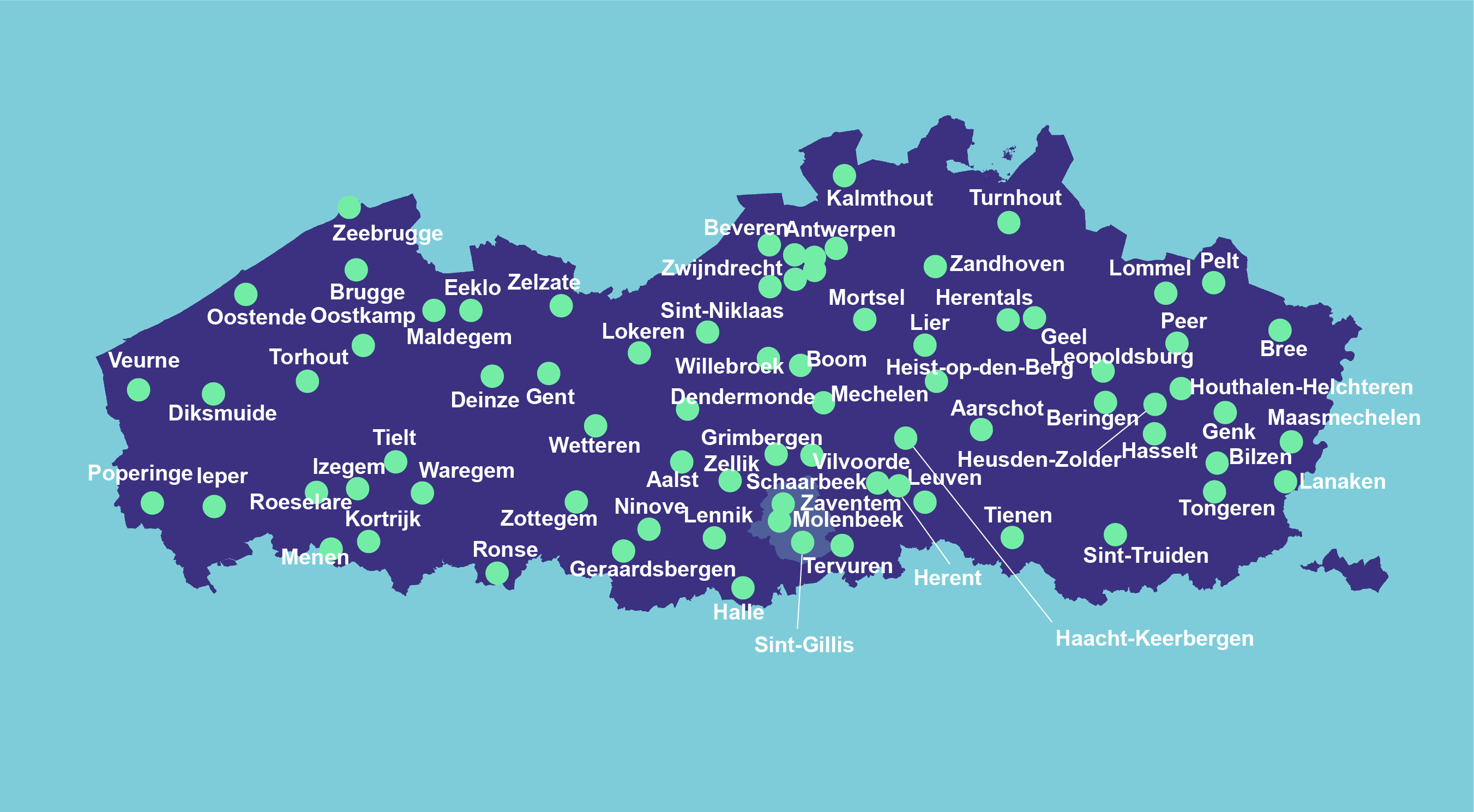 Kaart van Vlaanderen met alle OverKop-huizen.