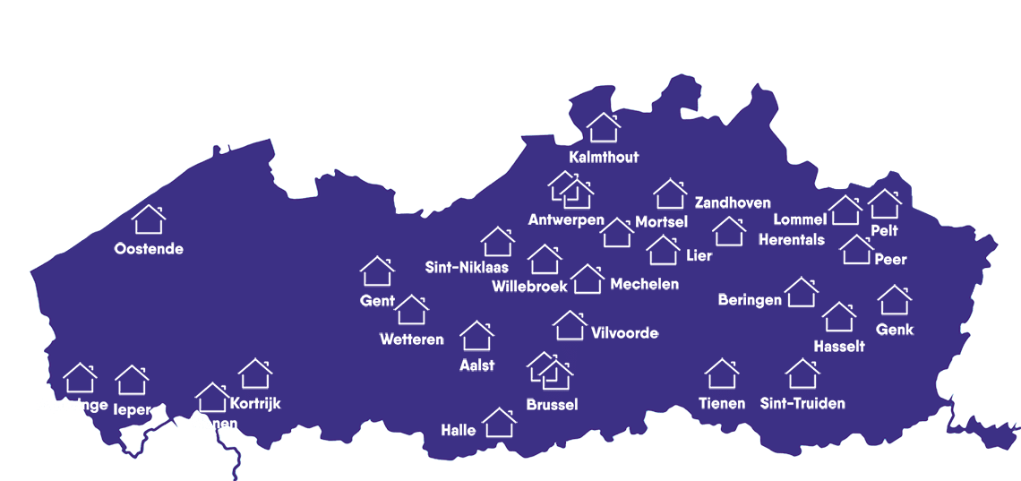 Kaart van Vlaanderen met de locaties van de 30 OverKop huizen